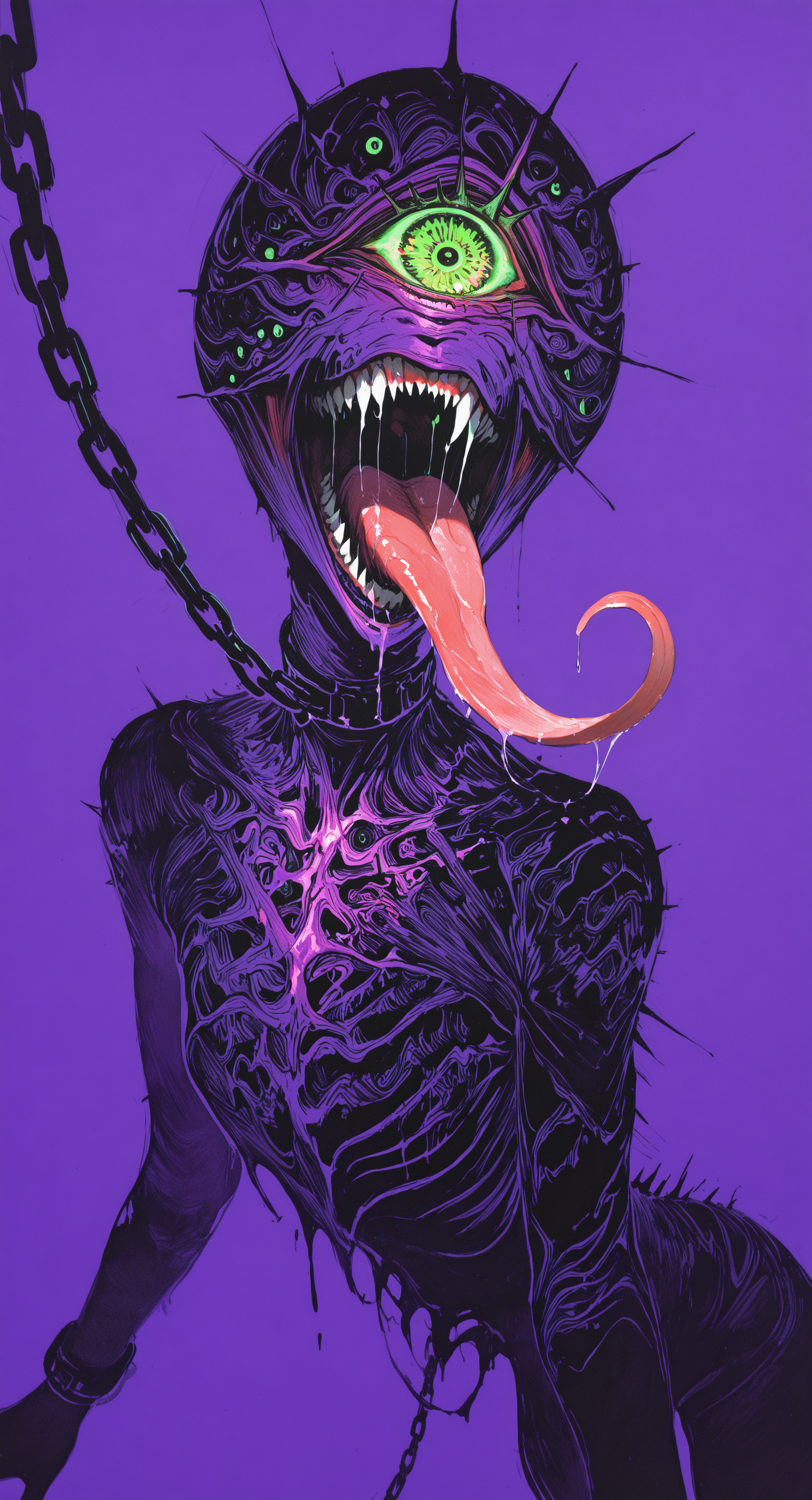 masterpiece, best quality, good quality, very awa, newest, highres, absurdres, solo, open mouth, simple background, green eyes, teeth, tongue, tongue out, no humans, saliva, chain, traditional media, sharp teeth, purple background, monster, one-eyed, long tongue, horror \(theme\), limited palette, sketch, glowing, psychedelic, <lora:illustriousXL_stabilizer_v1.23:0.3> <lora:NOOB_vp1_detailer_by_volnovik_v1:0.3> <lora:ponyv6_noobE11_2_adamW-000017:0.3> <lora:114558v4df2fsdf5:1> <lora:mon_monmon2133:0.6>