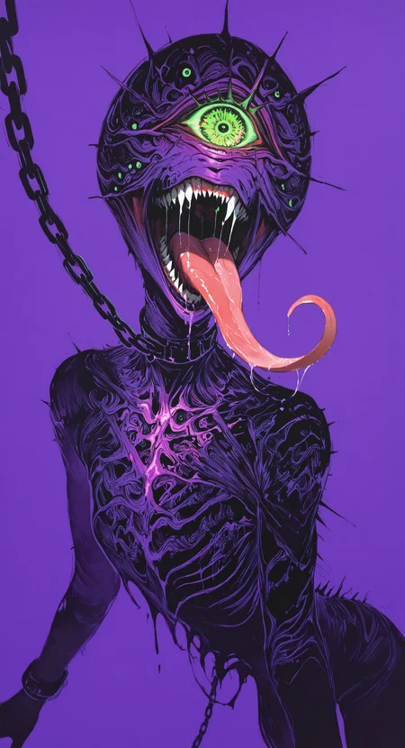 masterpiece, best quality, good quality, very awa, newest, highres, absurdres, solo, open mouth, simple background, green eyes, teeth, tongue, tongue out, no humans, saliva, chain, traditional media, sharp teeth, purple background, monster, one-eyed, long tongue, horror \(theme\), limited palette, sketch, glowing, psychedelic, <lora:illustriousXL_stabilizer_v1.23:0.3> <lora:NOOB_vp1_detailer_by_volnovik_v1:0.3> <lora:ponyv6_noobE11_2_adamW-000017:0.3> <lora:114558v4df2fsdf5:1> <lora:mon_monmon2133:0.6>