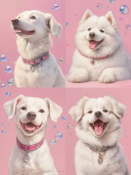 A happy,fluffy white puppy with a joyful expression sits against a pink background. The puppy's mouth is open in a cheerful smile,and its eyes are bright and playful. It wears a pink collar with a silver tag that catches the light. Around the puppy,iridescent bubbles float gently,adding a whimsical and fun atmosphere to the image,
ddpapa,<lora:Detail_Adamov_V1:0.7>,, masterpiece, best quality,