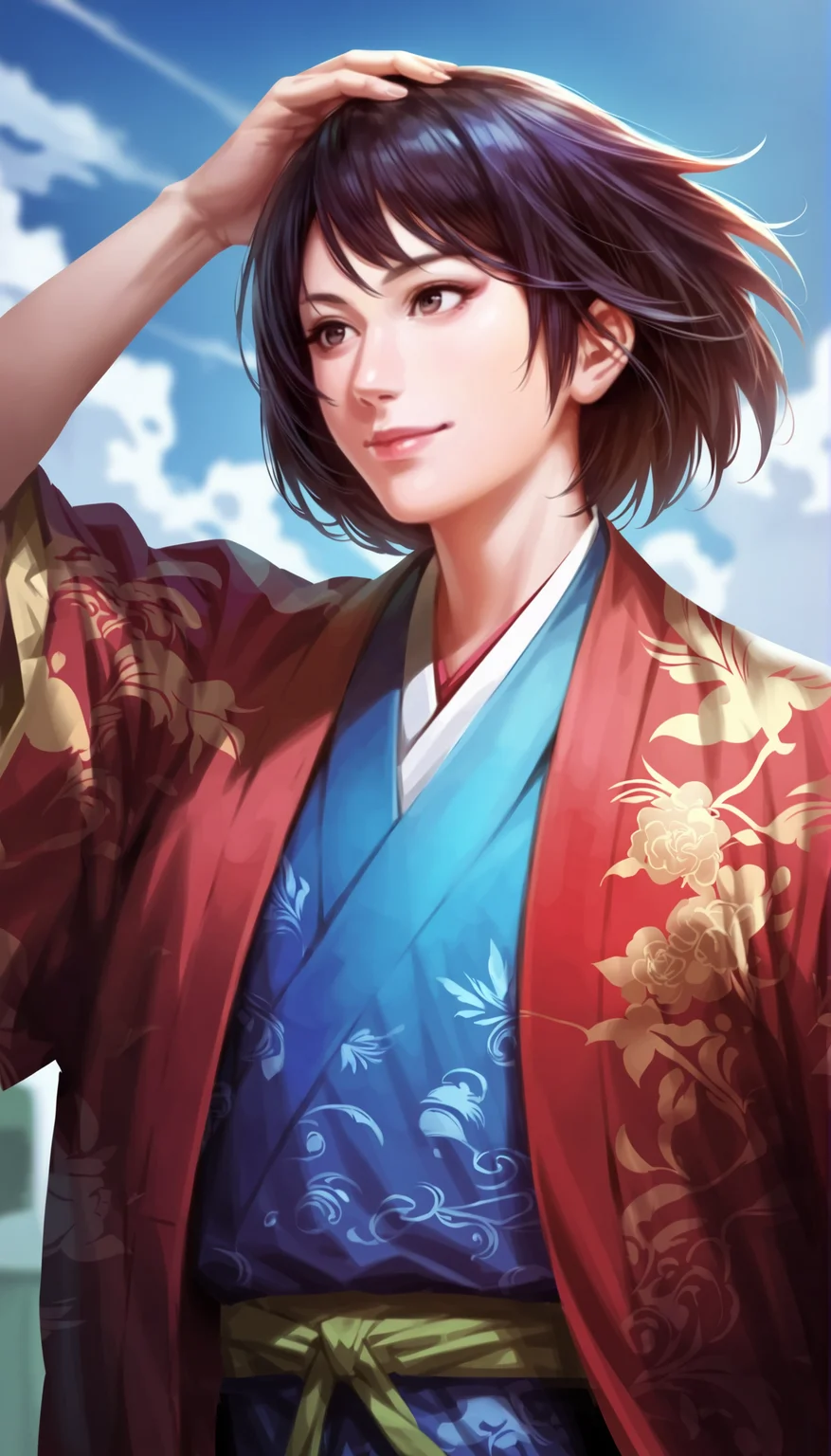 score_9,score_8_up,score_7_up,
highly detailed,highres,<lora:naotoraIi:0.8>,naotora ii,
1girl,solo,black hair,short hair,bangs,
brown eyes,smile,looking to the side,
red kimono,layered red and blue fabric with white accents,intricate patterns,portrait,
upper body,from below,hand before head,
outdoors,sky,simple background,blurry background,