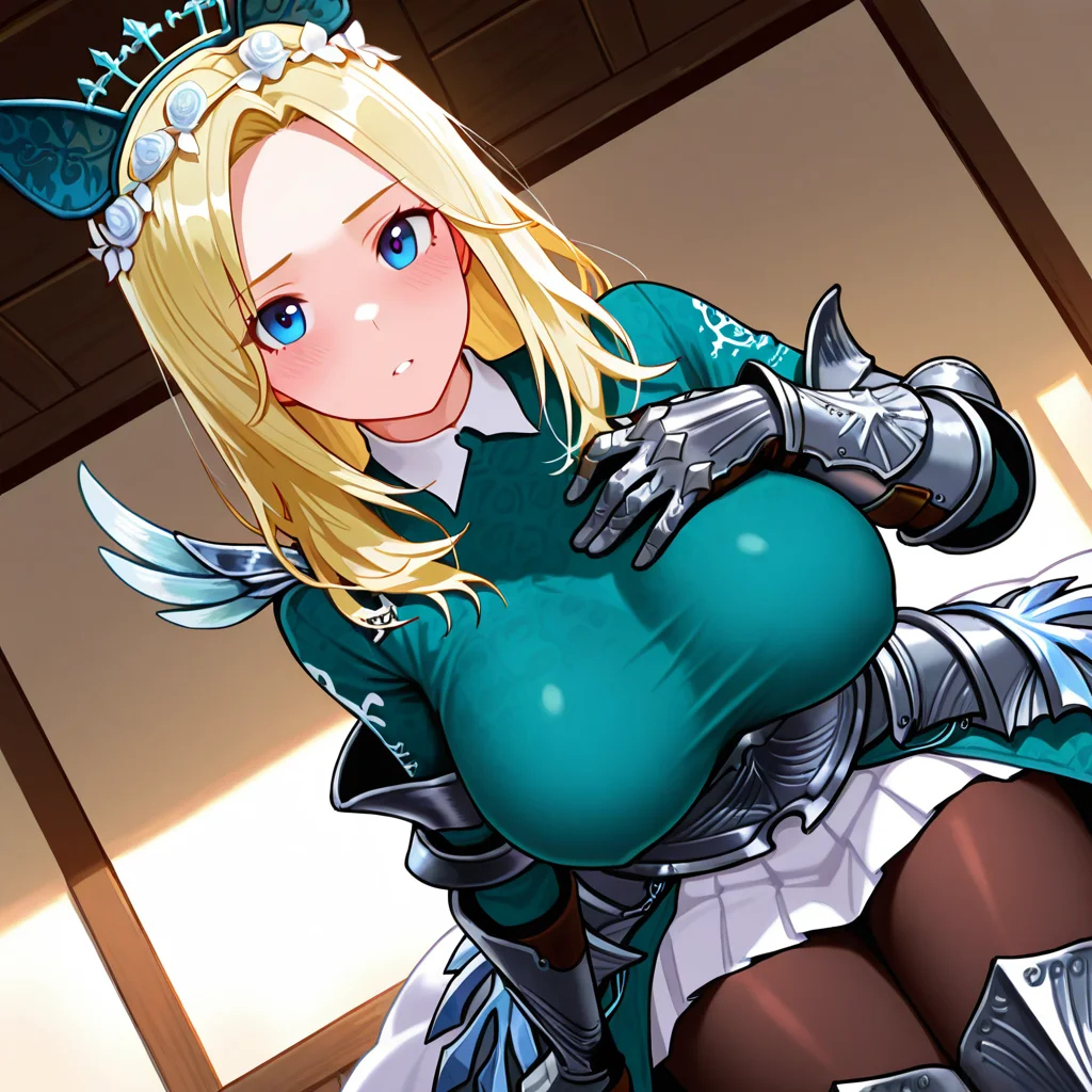 best quality, amazing quality, absurdres, uncensored, detailed eyes, perfect eyes, extremely detailed CG, extremely detailed face, perfect face, detailed Lora, best quality, anime, masterpiece, beautiful eyes, beautiful face, detailed eyes ,high resolution, distinct image, 4k, 8k, high_resolution, high, super, hyper, perfect_finger, distinct_image, beautiful eyes and detailed face BREAK <lora:Vindictus_Delia_IL:1>Vindictus_Delia, 1girl, solo, hair ornament, head wreath, fake animal ears, blonde hair, long hair, large breasts, breasts, blue eyes, taut clothes, armor, vambraces, gauntlets, armored dress, skirt, pantyhose, armored boots, hand on chest, looking at viewer, front angle, off shoulder