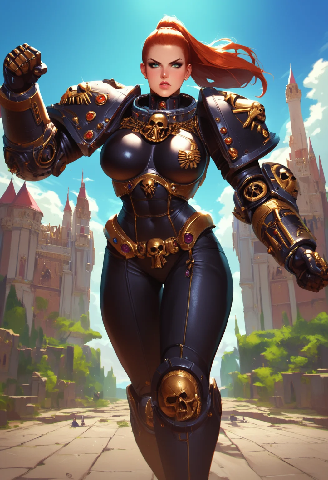 score_9, score_8_up, score_7_up, 
space marine, beautiful woman, redhead, ponytail, black deathwatch armor, action pose, palace,
hkmagic, DeathW40K