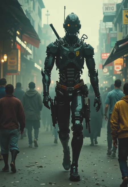 Over-the-shoulder shot of an Elysium Robot Cyborg Samurai walking through a bustling city street, towering over the smaller people around him who glance up as he passes. The cyborg's tall, imposing frame contrasts with the vibrant, busy urban setting, bathed in atmospheric haze and smoke, capturing a cinematic, moody atmosphere. The scene has a film grain, with a 2000s vintage RAW photo aesthetic, color graded in rich, natural tones. The lighting is soft yet dramatic, with shadows emphasizing the intricate details on the robot’s armor. Shallow depth of field, high budget, photorealistic, candid camera style.