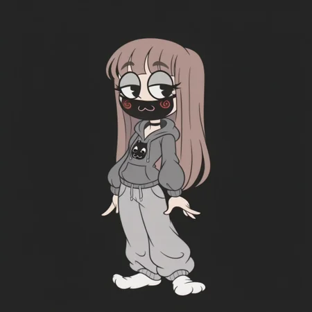 Paula,1girl,Brown hair,mask with :3 symbol,choker,bangs, hoodie,baggy gray pants,white socks,Long hair
RetroXL,,, toon \(style\), flat color, black eyes,,