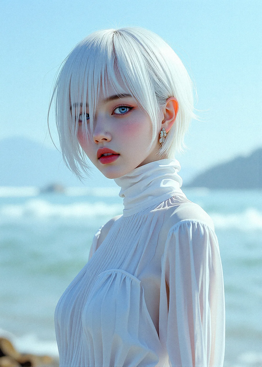 A hyper-realistic of a short haired woman with icy white hair with hair over one eye, and pale, flawless skin. Her eyes are bright light blue, almost glowing, with digital patterns reflecting in them. Her lips are a glittering light pink, glossy and perfectly shaped. The background is an abstract, digital landscape, with soft gradients and blurred shapes, creating a dreamy, otherworldly atmosphere.
semi-transparent fabric layers that cling to the skin, creating a subtle, alluring effect with the water enhancing the texture and Soft, Flowing Skirt
realistic shine to the hair, with soft highlights following the natural flow and texture. Add subtle variations in color and thickness for a more dynamic look. soft, glossy texture to the lips, with realistic reflections and subtle texturing to emphasize the natural folds and curves.
intricate details to the eyes, with a reflective, slightly glossy sclera and subtle shading to create depth. a delicate eyeliner with a soft wing, blending gently into the lash line to enhance the eyes without overpowering the natural beauty.
Standing with one foot propped on a low rock, both hands on her hips, looking out at the horizon.