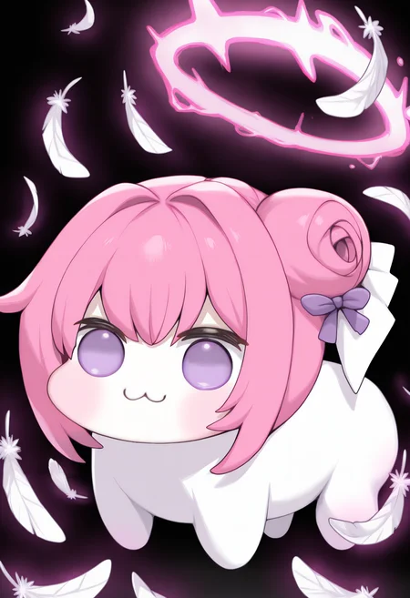 masterpiece, best quality, solo, <lora:feh-style-richy-v1_ixl:1> <lora:doro_xypher_ixl_v1:1> doro, :3, chibi, no pupils, solid circle eyes, full body, white skin, all fours, dorothy \(nikke\), pink hair, purple eyes, single side bun, hair bow, purple ribbon, black background, fehspc, full body, black background, magic, glowing, halo, feathers,