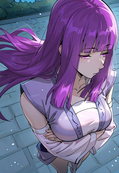 masterpiece, best quality, amazing quality, absurdres, highres,
yeziyun, 2girl, lavender eyes, purple hair, long hair, bangs, blunt bangs, breasts, slender, cute, detached sleeves, sash,
dim lighting, glowing theme, wind, sexy, outdoors, dim light, strong will, still, arms crossed under breasts, long legs, half closed eyes, pensive, light particles, half close up, looking away, side view in background