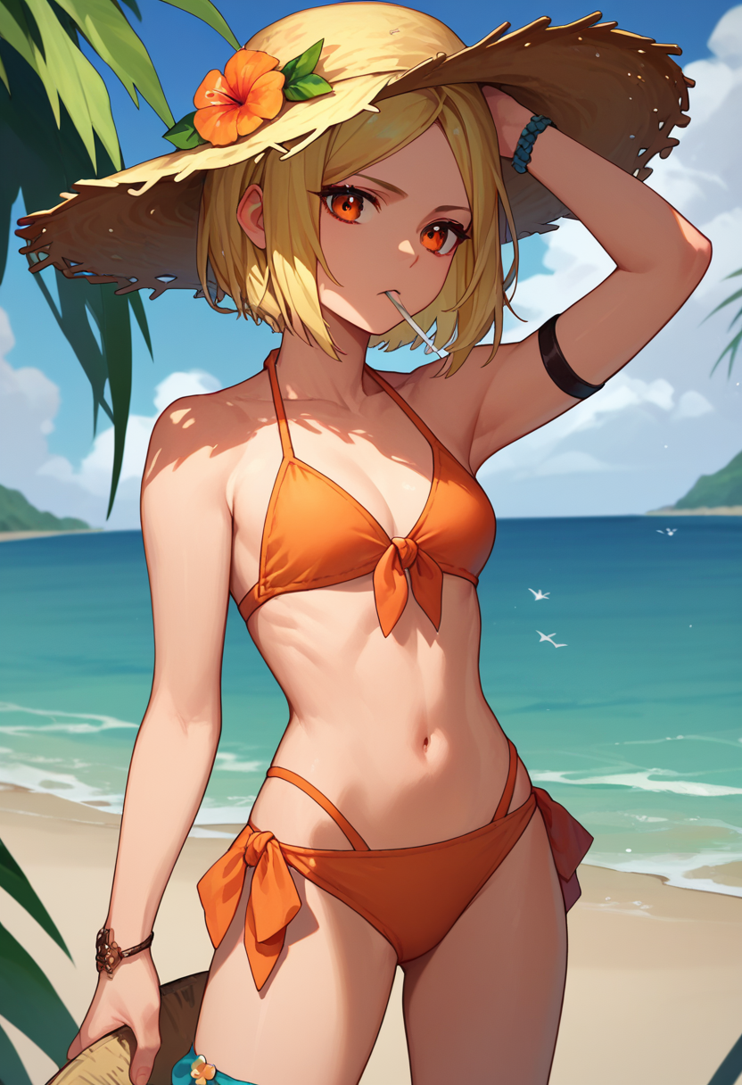 score_9, score_8_up, score_7_up, 1girl, Rambda, blonde hair, short hair, orange eyes,   bikini,  beach, straw hat,    <lora:DeltaLambda 2-000008:1>