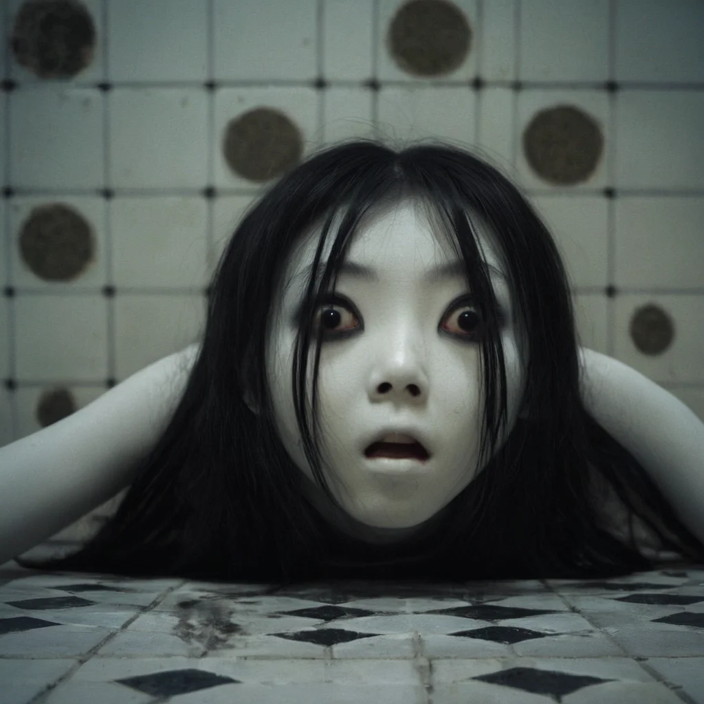cinematic film still of <lora:Kayako Saeki Sadako Yamamura:1>
Kayako Saeki a drawing of a woman crawling on a tiled floor while looking up at camera with big eyes and open mouth,1girl,solo,long hair,black hair,tiles,tile floor , pale skin, supernatural, horror film, Japanese, extreme rage, sorrow, cinematic, film, movie, movie still, Ju-On The Grudge movie style, shallow depth of field, vignette, highly detailed, high budget, bokeh, cinemascope, moody, epic, gorgeous, film grain, grainy