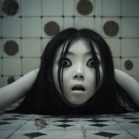 cinematic film still of <lora:Kayako Saeki Sadako Yamamura:1>
Kayako Saeki a drawing of a woman crawling on a tiled floor while looking up at camera with big eyes and open mouth,1girl,solo,long hair,black hair,tiles,tile floor , pale skin, supernatural, horror film, Japanese, extreme rage, sorrow, cinematic, film, movie, movie still, Ju-On The Grudge movie style, shallow depth of field, vignette, highly detailed, high budget, bokeh, cinemascope, moody, epic, gorgeous, film grain, grainy