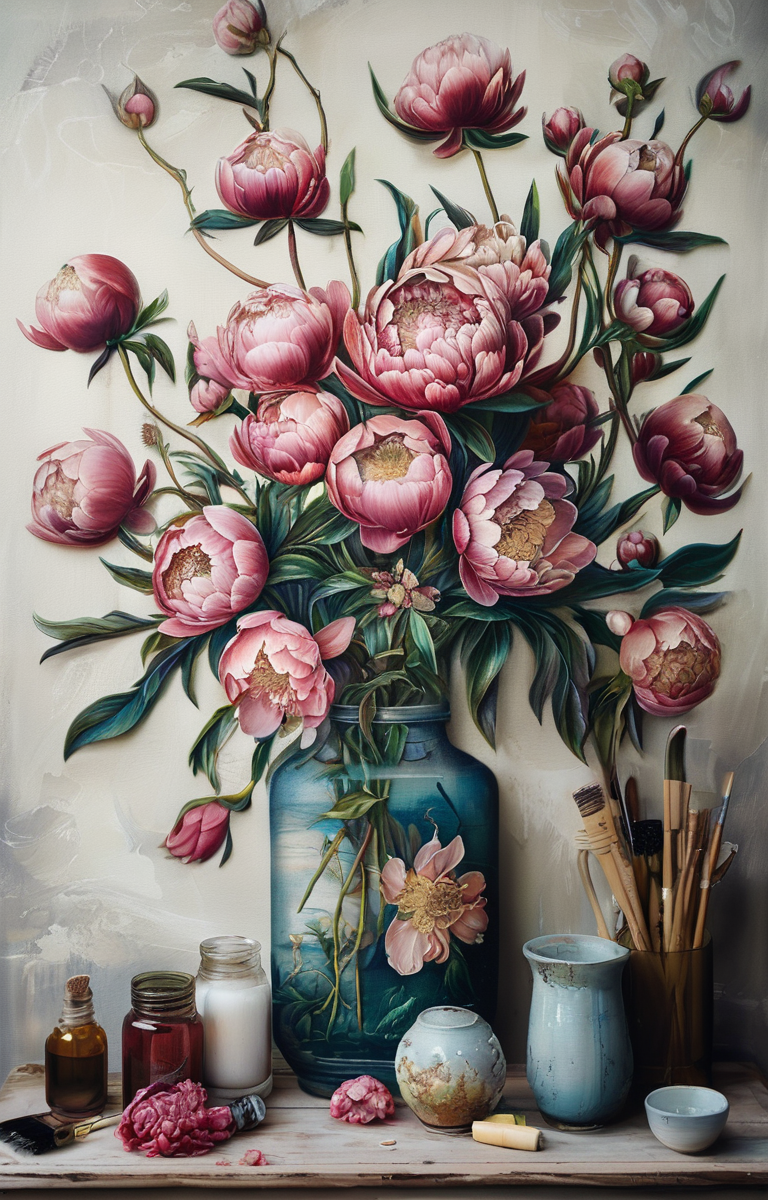 masterpiece,best quality,<lora:tbh237-sdxl:0.8>,illustration,style of  Johanna Basford decaying peonies