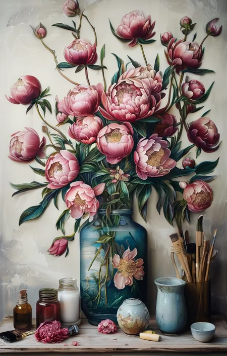 masterpiece,best quality,<lora:tbh237-sdxl:0.8>,illustration,style of  Johanna Basford decaying peonies