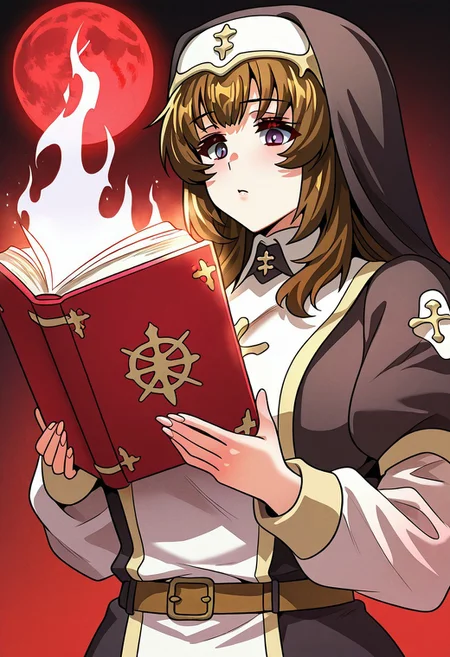 1girl, solo, (( <lora:bought_by_the_demon_lord_style:1> , bought_by_the_demon_lord_style, priestess_elise, short woman, thin waist, wide hips, beautiful skin, piercing purple eyes, clear eyes, bright pupils, beautiful eyes, beautiful brown hair, beautiful long hair, bangs, very huge and shaggy breasts, natural beauty, extraordinary beautiful woman, attractive woman, super sexy woman, lustful body, sexy woman with seductive obscene body, sensual body, voluptuous body, sexy beauty, no piercings, no piercing, )) , ((dark grey nun bandeau with gold double cross symbol, dark grey nun veil, sexy dark grey nun outfit, brown belt, )) , holy book, priestess duel, (holding holy book:1.2), (holy book with white fire effect:1.2), white fire and smoke effects, dynamic lens, female focus, close up, holding holy book, outdoor, black sky, red moon, (twilight:0.3), very aesthetic,