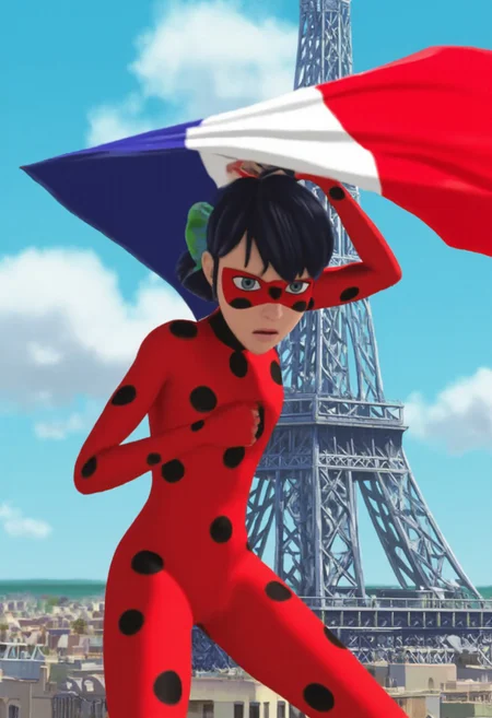 (Masterpiece, best quality, absurdres,) sgbl artstyle, perfection style, Miraculous, an furious girl with bright bluebell eyes, red mask covering her eyes, shoulder-length black hair with blue reflections tied back in pigtails, and red and black suit with black spots all over her body., closed mouth, holding up a massive French flag above head, marching, jumping, mid-air, full body, near the Effiel Tower in Paris, France
