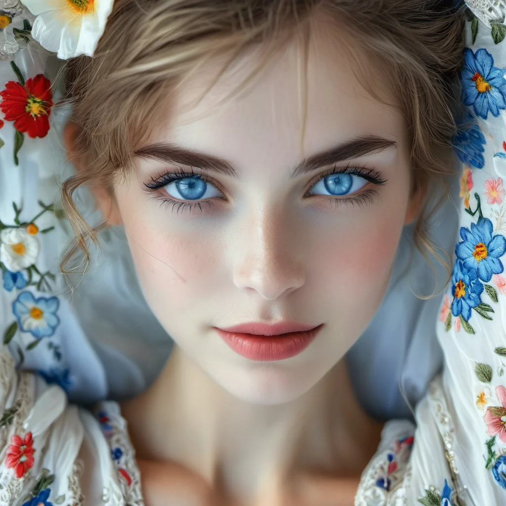 extremely detailed, soft skin, the beauty of a romantic girl, pixie, blue eyes, white with floral embroidery peasant blouse,looking at viewer, smile <lora:MJ52_v1.3:0.7>