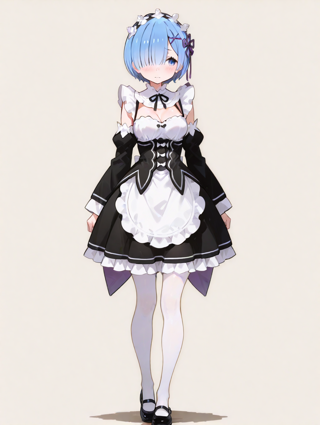 perfect quality,high quality,masterpiece,best quality,amazing quality,very aesthetic,absurdres,newest,
front view,full_shot,shy,
REMCYQL,1girl,solo,short hair,blue hair,bangs,hair over one eye,ribbon,hair ribbon,purple ribbon,hair ornament,x hair ornament,maid headdress,blue eyes,neck ribbon,roswaal mansion maid uniform,maid,cleavage,underbust,black ribbon,long sleeves,detached sleeves,apron,white apron,waist apron,skirt,black skirt,frilled skirt,pantyhose,white pantyhose,frills,mary janes,black footwear,
full body,standing,ok_sign,,
rosybrown background,simple background,
<lora:USNR STYLE_XL_loha:0.45>,usnr,<lora:spo_sdxl_10ep_4k-data_lora_webui:0.5>,<lora:illustrious_all_rated_v1:0.6>,<lora:ponyv5_noobV065S_1_adamW:0.7>,<lora:748cmSDXL:0.8>,748cmstyle,<lora:DarkerThanBlackIllustrious:0.5>,<lora:REM_Illustrious by Cyql:1>,