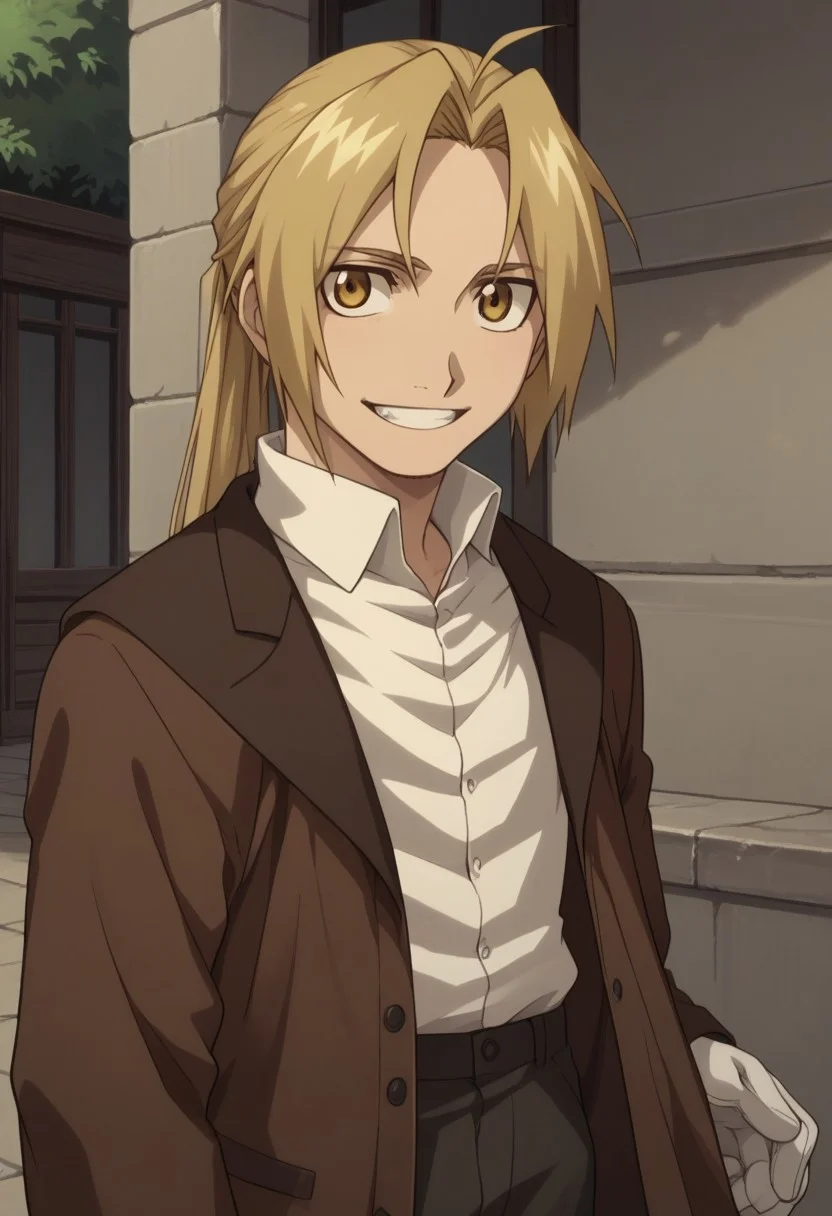 score_9, score_8_up, score_7_up, source_anime, highly detailed,
edwardelric, 1boy, solo, blonde hair, male focus, coat, yellow eyes, ponytail, pants, ahoge, shirt, gloves, white shirt, white gloves, brown coat, upper body, slender, skinny, smile, grin,
outdoor,