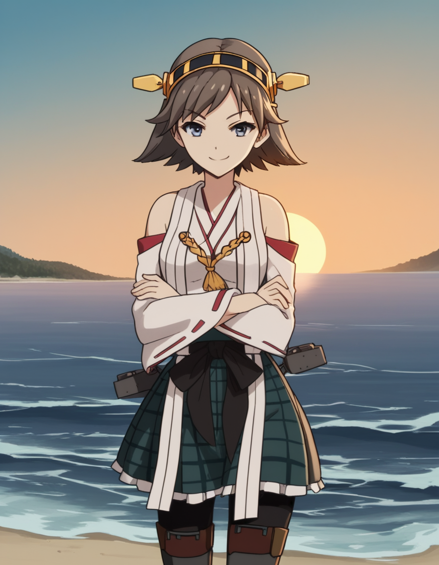 score_9, score_8_up, score_7_up, source_anime, <lora:kancolle-hiei-s1-ponyxl-lora-nochekaiser:1>, hiei, short hair, blue eyes, brown hair, hairband, hiei (kancolle), medium breasts,, skirt, thighhighs, bare shoulders, pantyhose, detached sleeves, japanese clothes, nontraditional miko,, beach, sunset, walking along shore, footprints in sand, waves, peaceful, smile, looking at viewer, crossed arms, smile, smug, solo,, cowboy shot, dutch angle