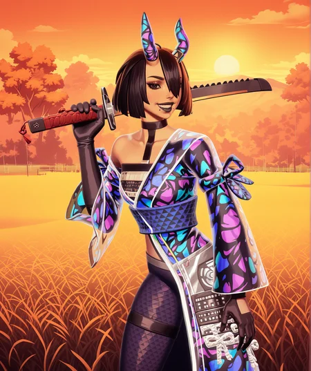 GLSHS,delicate colors,partially illuminated, (masterpiece, absurdres, very awa:1.4), golden hour, orange theme, sunset, field, grass, (cowboy shot:1.1), holding a katana sword over shoulder, fortniteentropicnightrosedefault, 1girl, short hair, bob cut, bangs, blunt bangs, black hair, multicolored hair, hair over one eye, hair between eyes, (black eyes, black cornea, black pupil:1.5), makeup, eyeshadow, black lips, moles under mouth, mole under mouth, mole, open mouth, teeth, smile, bare shoulders, off shoulder, choker, black choker, horns, oni horns, animal ears, gloves, black gloves, see-through sleeves, kimono, japanese clothes, armor, fishnets, pantyhose, thighhighs, fishnet pantyhose, boots, high heels <lora:GLSHS-IL:0.8>, <lora:Fortnite_The_Night_Rose_All_Outfits_ILXL:1>