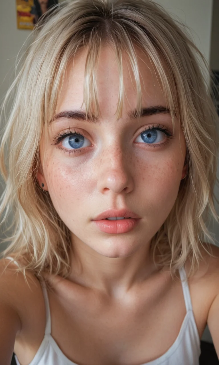 4k selfie with a surprised "o"-expression, deep focus, split-diopter lens. close-up, focus on her eyes. cluttered bedroom, posters on walls, ring lighting. long shaggy blonde (bangs between eyes, dark blue eyes, freckles, blush, natural lips, natural eyes, messy hair, black eyebrows, pierced eybrow) taking a selfie (iphone camera).. bent forward, mirror behind in distance, her back can be seen (reflection)