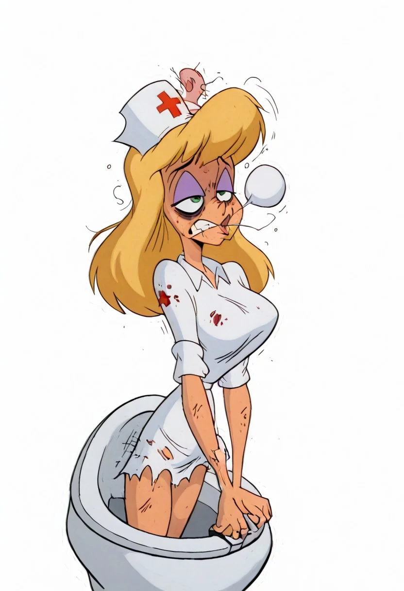 (((((Hello Nurse is extremely dirty and in torn clothes in total fury and ready to fight)))))). ((((((((Big toilet blowing on her head)))))))). (((((She is in knockout after blow of toilet)))))). ((((She is dazed and out of her mind after blow)))).((((Big head bump)))),((((This blow is extremely painful))).(((She is sad and unhappy but trying to hide it with fake smile))). (((She was beaten for weeks))). (((Her hair in total mess))). (((She is ridiculed and humiliated for weeks))). (((She is extremely nervous and totally mad)))). (((She wants revenge)))). amazing quality, absurdres,(((((white background))))),((((1girl)))),(((alone)))), (((hellonurse))),,(((angry))), (((exhausted:1.5)))),((((((masterpiece))))),,((((extremely beautiful image)))),(((beautiful light))),((((best detailing)))),(((disgusting))),(((offended))),((((extremely heartbroken)))), blonde hair, teal eyes, (((1girl))), alone, big breasts,((((slim body))))),eyeshadow, twerking,nurse outfit, Heloise Nerz, hellonurse, dirty, detailed body, detailed face, highly detailed body, highly detailed face, dynamic pose, posing, ((((((angsty))))), (((((furious)))))), (((((submissive)))))), 1girl, dirty messed burnt blonde hair, wounds, hit herself, selfharm,terror,((((fear)))), wounds on face, wounds on body, extreme amount of wounds, wounds everywhere, (((((bags under eyes))))), bags under eyes, shiners, crazy emotion, narrow waist