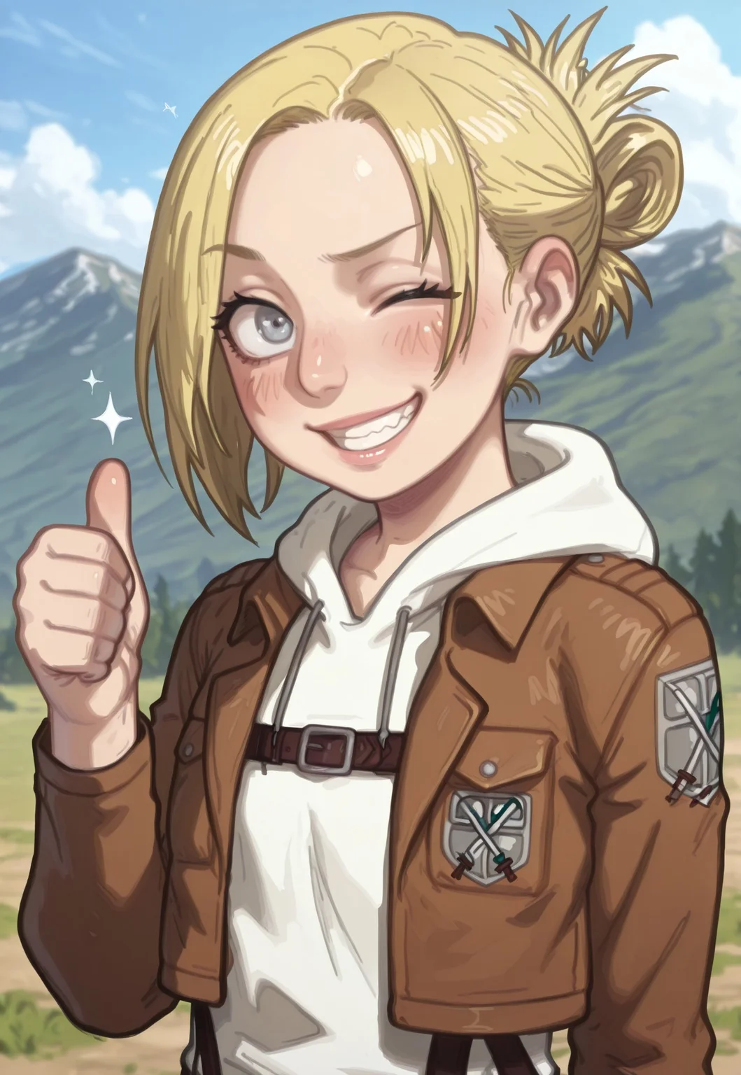 4k, fine detail, high quality eyes, masterpiece, best quality, amazing quality, geh1, 4s0r4,, eigaka, possmach, artist:moriimee, 1 girl, solo girl, young, annleo, blonde hair, folded ponytail, grey eyes, pink lips, belt, thigh_strap, brown jacket, brown skirt, white pants, white hoodie, paradis_military_uniform, hood_down, chest_harness, training_corps_(emblem), upper body, grin, blinking, wink, one eye closed, thumbs up, smile, blush, day, sun
