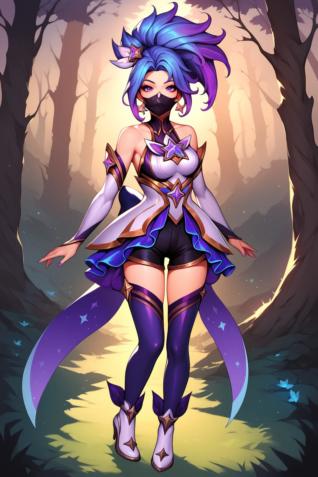 score_9, score_8_up, score_7_up, score_6_up, BREAK, AkaliSGXL, purple eyes, black mouth mask, purple hair, multicolored hair, parted bangs, star hair ornament, medium breasts, star guardian (league of legends), white dress, detached sleeves, black elbow gloves, black shorts, purple thighhighs, white high heels, solo, full body, standing, looking at viewer, forest, tree <lora:AkaliSGXL:0.8>