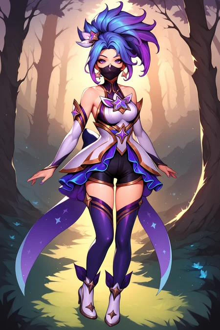 score_9, score_8_up, score_7_up, score_6_up, BREAK, AkaliSGXL, purple eyes, black mouth mask, purple hair, multicolored hair, parted bangs, star hair ornament, medium breasts, star guardian (league of legends), white dress, detached sleeves, black elbow gloves, black shorts, purple thighhighs, white high heels, solo, full body, standing, looking at viewer, forest, tree <lora:AkaliSGXL:0.8>