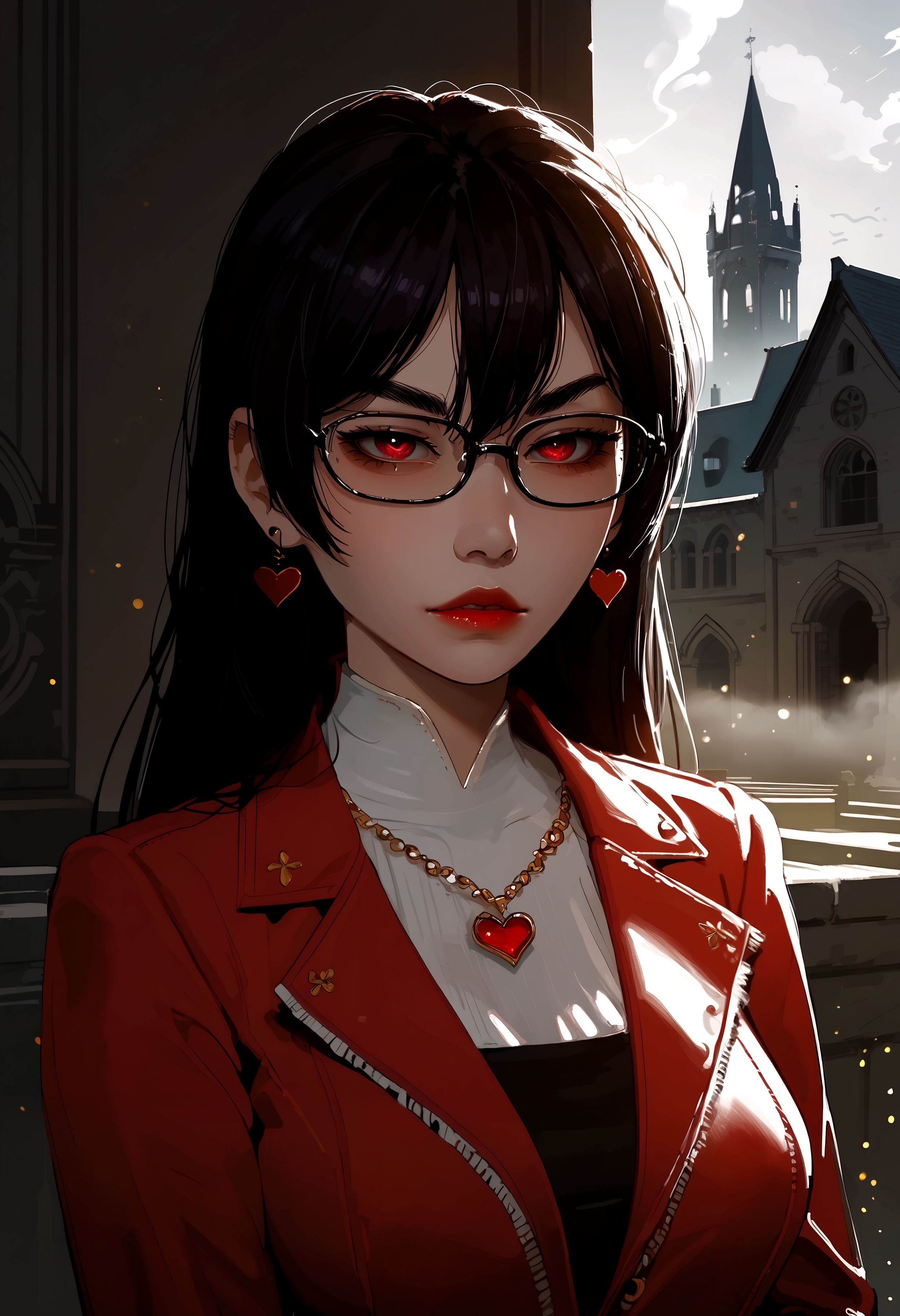 score_9, score_8_up, score_7_up, dramatic shadows, cinematic lighting, volumetric lighting, (light particles:1.3), backlighting, dappled light, light rays, close up, upper body, straight-on, 1girl,medium breasts,red eyes,red lips,black nails, bangs,hair between eyes, large breasts, jacket, red jacket, long sleeves, heart necklace, jewelry, glasses, glasses, black-framed eyewear, flustered, in heat, half closed eyes, looking at viewer, church, chapel, fog, smoke, (golden hour:1.25), warm lighting, (bokeh), beautiful scene, vibrant warm colors, Expressiveh, g0thicPXL, glowing, neon, <lora:ponyxl\KMS_Sicae_Yuna:0.8> <lora:ponyxl\Expressive_H-000001.safetensors:0.45>, <lora:ponyxl\g0th1cPXL.safetensors:0.35>, <lora:ponyxl\princess_pony_v1.safetensors:0.7>, <lora:ponyxl\incase_style_v3-1_ponyxl_ilff.safetensors:0.6>