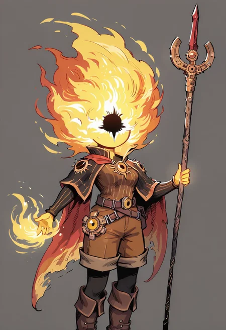 score_9, score_8_up, score_7_up,
lord_of_frenzy, fire head,
holding magic spear,
novakin, faceless, no eyes, no mouth, no nose, no facial features, short fiery yellow orange hair, body made of black plasma,
magical girl outfit, steampunk dress, boots, brown shorts, black tights, medium breasts, belt,
simple background, grey background,
Illustration by Lobel