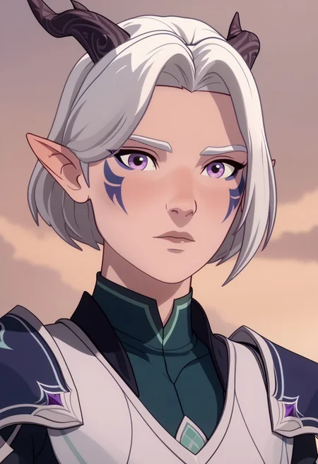 Score_9, Score_8, Score_7, TDPStyle, Tiadrin, Elf, Moonelf, Horns, White Hair, Purple Facial Tattoos, Moonelf Outfit, bust shot
