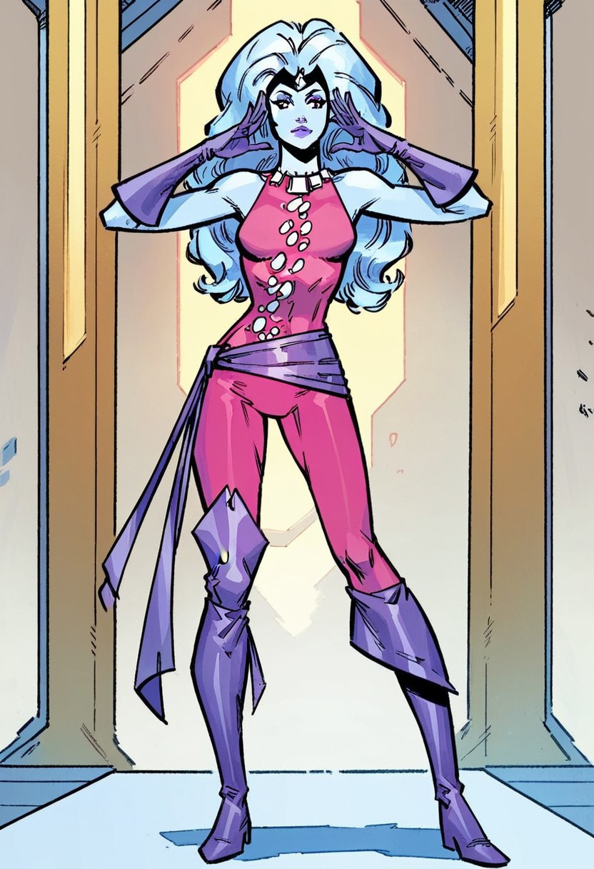 1girl, score_9, score_8_up, score_7_up, masterpiece, high quality, western cartoon, very detailed, full color picture, vibrant colors, solo, alone, 1girl, cute face,
oracle, pale blue skin, white hair, long hair, makeup, purple lips, purple gloves, purple sash, white necklace, white decal on suit, black headdress, bodysuit, suit1, purple boots, uneven boots, sleeveless, hazel eyes,
standing, facing viewer, full body, hands to head, spaceship, interior, metallic room,