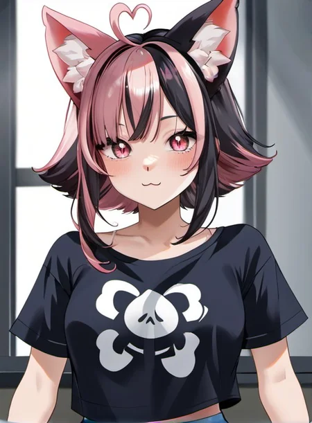 score_9, score_8_up, score_7_up, source_anime, <lora:Suwie:0.8>, suwie, 1girl, black hair, animal ears, upper body, pink hair, ahoge, heart ahoge, multicolored hair, virtual youtuber, cat ears, pink eyes, two-tone hair, streaked hair, animal ear fluff, cat girl, heart ahoge, two-tone hair, medium hair,