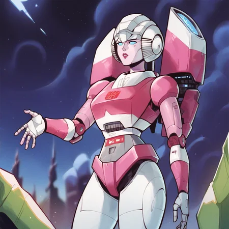 score_9, score_8_up, score_7_up, score_6_up, score_5_up, score_4_up, a girl in a science fiction metal land, 1girl, <lora:ArceeG1_XL:1> arcee, 1girl, transformers, robot, standing, night, facing viewer