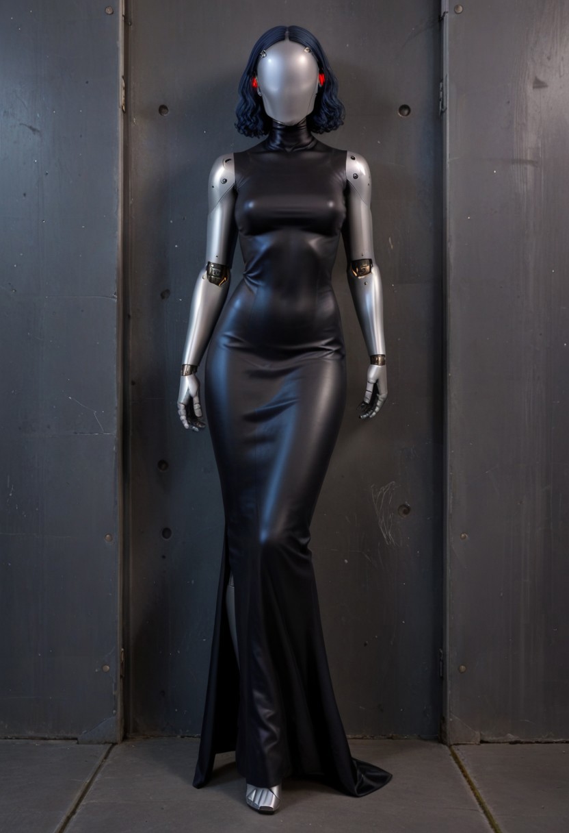 solo, A 35mm full length photo of  a beautiful 20 year old woman, she is a humanoid robot , robotic body, freckles, smooth featureless grey robotic skin, robotic aerials, metallic dark blue hair, wearing a black gothic dress in the style of wednesday adams, standing in a cemetery , robotic face with minimal features
mannequin, faceless, egghead, TheFaceLess