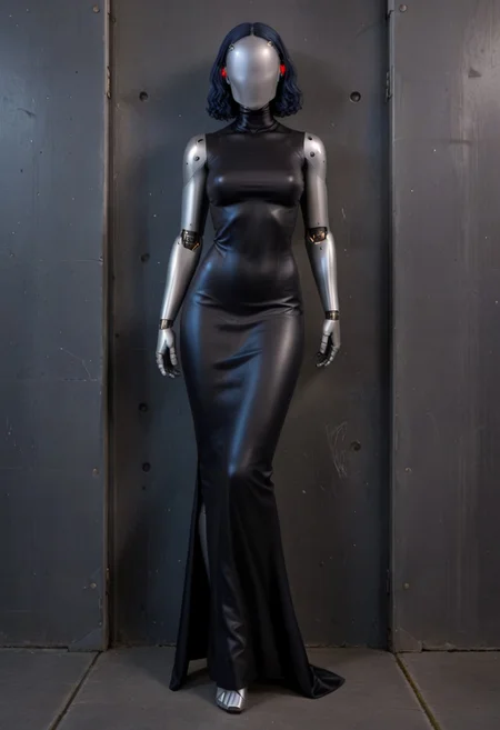 solo, A 35mm full length photo of a beautiful 20 year old woman, she is a humanoid robot , robotic body, freckles, smooth featureless grey robotic skin, robotic aerials, metallic dark blue hair, wearing a black gothic dress in the style of wednesday adams, standing in a cemetery , robotic face with minimal features
mannequin, faceless, egghead, TheFaceLess