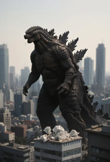 Score_9, score_8_up, score_7_up, score_6_up, zPDXL3, wide shot, monster focus, BREAK, realistic,hyperrealism,ornate,studio photograph, skinny Godzilla kaijuu,gigantic monster, model_buildinga, model_kit_(medium), city skyline, plastic buildings, forced perspective, blurry background, building, outdoors,