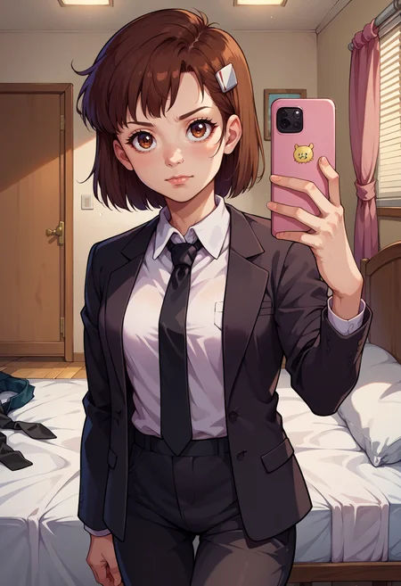 score_9, score_8_up,score_7_up, source_anime, detailed background, absurdres, looking at viewer, 1girl, solo, <lora:EPguTakayaNoriko_epoch_6:1> , EPguTakayaNoriko, brown hair, brown eyes, short hair,
business suit, black pants, white collared shirt, black suit, black jacket, black necktie, selfie, taking picture, mirror selfie, bedroom, bed, mirror,