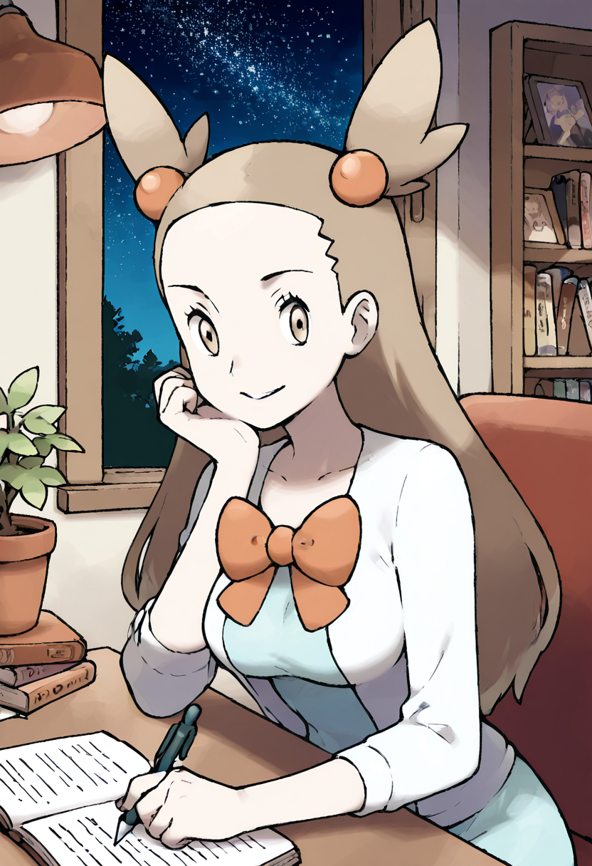 masterpiece, best quality, 1girl, solo, looking at viewer, smile, large breasts, aged up,   zzJasmine, brown eyes, hair bobbles, hair ornament, light brown hair, two side up, long hair, forehead,  white cardigan, green dress, orange bow, sleeves past elbows,  <lora:JasminePokemon_IXL_v2:1.0>, , zzLofi, sitting, side view, desk, chair, book, bookshelf, head rest, holding, holding pen, lamp, night, open book, pen, plant, potted plant, sky, star (sky), starry sky, window, windowsill, writing, <lora:LofiGirl_Style_IXL:0.8>,