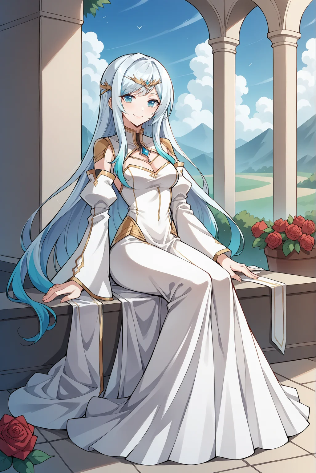 score_9, score_8_up, score_7_up, score_6_up, source_anime, 1girl, slender, solo, el harnier, <lora:HarnierXL_V1:0.8>
BREAK (closed mouth, smile), (gradient hair, white hair, blue hair, long hair, medium breasts)
BREAK (long dress, white dress, circlet, detached sleeves, wide sleeves:1.4),
BREAK (full body, looking at viewer, sitting:1.4), outdoors, palace, garden, roses