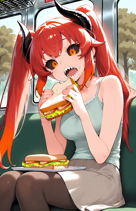 1girl, black sclera, red hair, long hair, camisole, skirt, pantyhose, ponytails, sharp teeth, dragon girl, dragon horns, black horns, open mouth, sandwich, sitting, train interior, eating, orange eyes, tree,