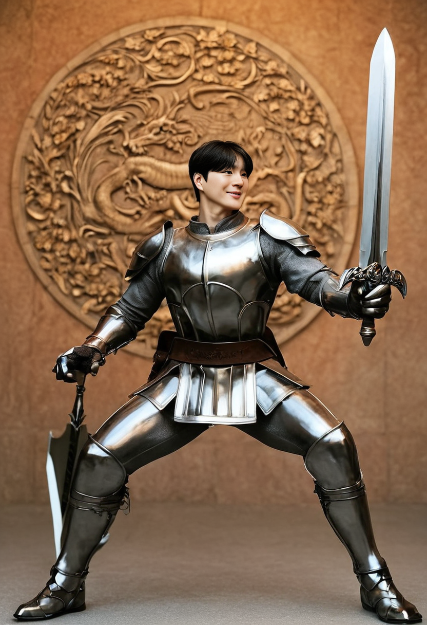 <lora:AsianGuy:0.8>, AsianGuy, (nodaeng:1.5), masterpiece, ultra-HD, cinematic lighting, photorealistic, (impressionism:1.5), high detail, depth of field, (blurred background), (dramatic lighting),masterpiece, best quality, very aesthetic,8k,masterpiece, best quality, realistic, masterpiece, best quality, 8k, <lora:PenisQuiron_illus:1>, breeze style, short hair,<lora:add_detail:1>, ((handsome man:1.2, light skin)), (focus male), ((mature man:1.3)), 
<lora:Breez_Style:0.95>, breeze style, shiny skin, fair skin, smooth skin, smile, dynamic view, art nouveau drawing, muscular male knight, Siegfried fighting dragon, large sword, thick thighs, full body shot, broad shoulders, large pectorals, big biceps, flowers, metallic male pouch, art by (Mucha)