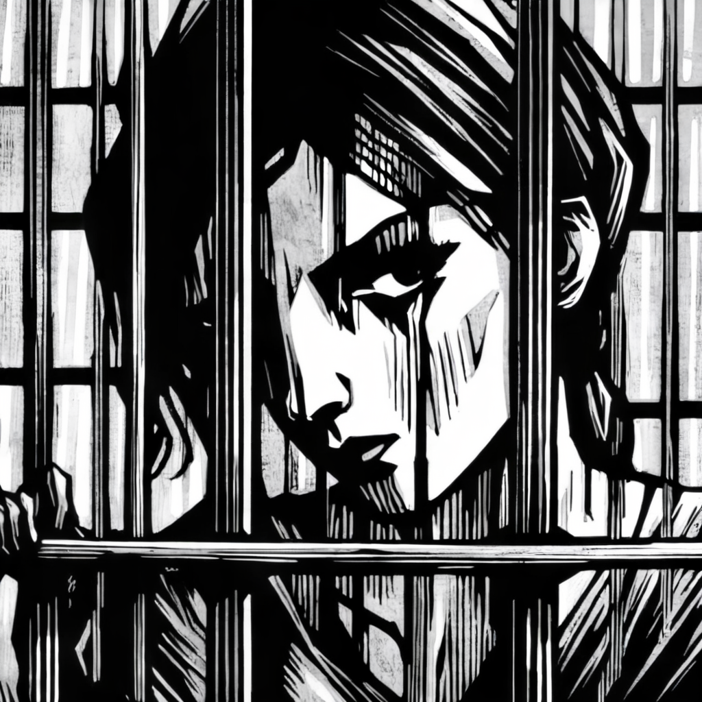 drawix7 close up prisoner's girl face visible through the bars<lora:drawix7:1>
