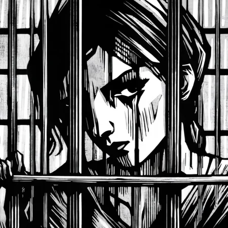 drawix7 close up prisoner's girl face visible through the bars<lora:drawix7:1>