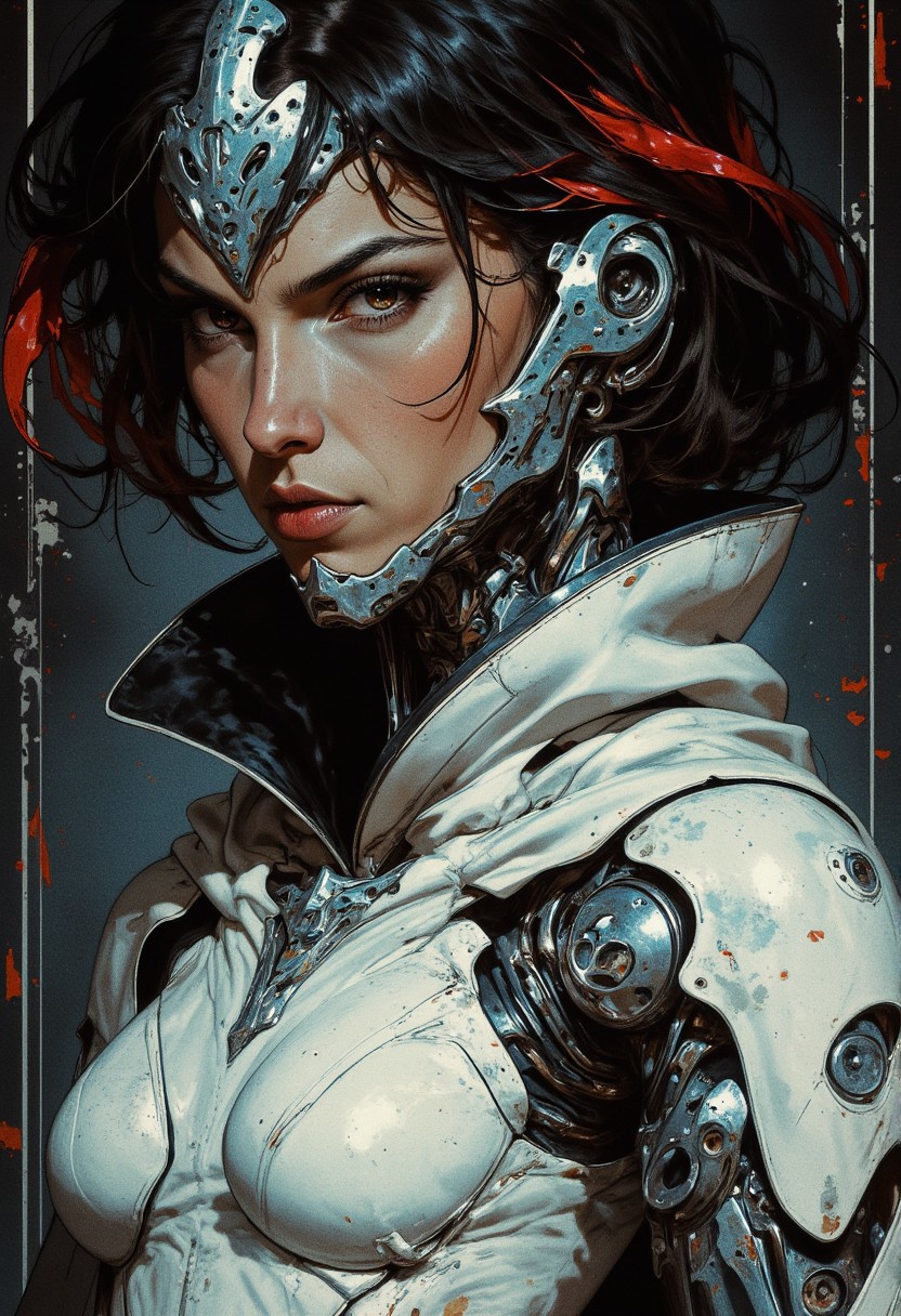 closeup portrait a ceramic oriental cyberpunk cyborg girl, black hair with red streak, dark eyeshadow, red lips, direct gaze, dark cyberpunk background