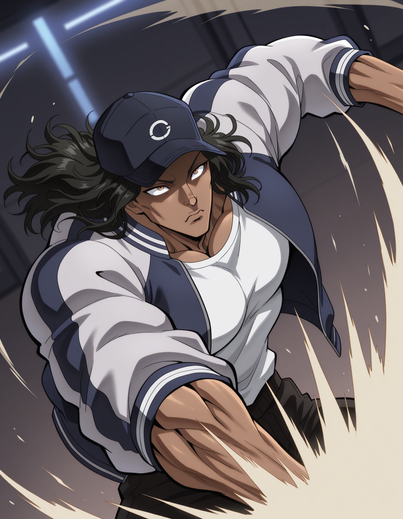 bkp1ckle,
muscular male, solo, 
closed mouth,
jacket, baseball hat,
from above, dynamic angle,   upper body, 
looking up , concentrating,
punch, punching, rapid punches,
<lora:[Char - IL] Baki - Pickle (R1E10):1> 
BREAK
([wind,  fog, crescent moon, lighthouse, clift, coast, boat far away, city,town ::0.5]:0.8),
masterpiece, best quality, newest, absurdres, highres, safe,
