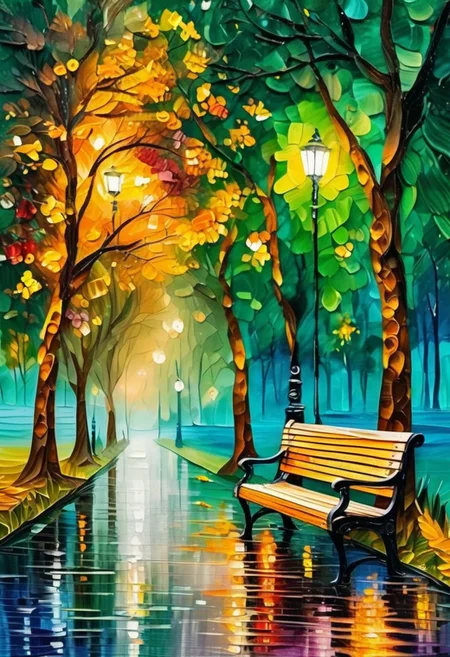 Masterpiece, mix of paper quilling and oil painting in the style of Leonid Afremov. Highly detailed illustration of a close up on a green bench in a park on a rainy november night.
