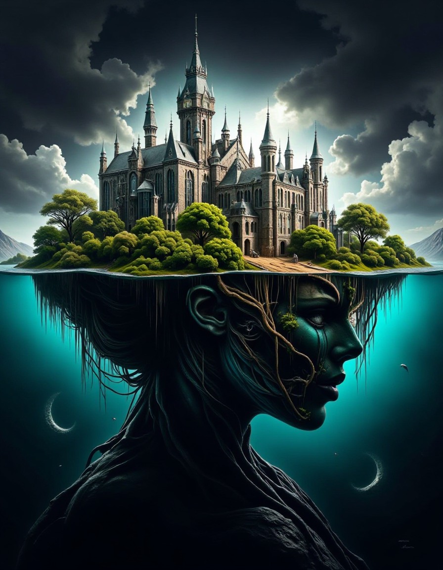 double-exposure. This is a highly detailed, digital artwork blending fantasy and surrealism. The scene is split into two distinct halves, with the upper half depicting an eerie, futuristic cityscape under the sea. The city features a grand, ancient-looking castle with intricate spires and turrets, nestled amidst lush, green trees. The castle's architecture is reminiscent of medieval European design, with tall, narrow windows and a central tower.