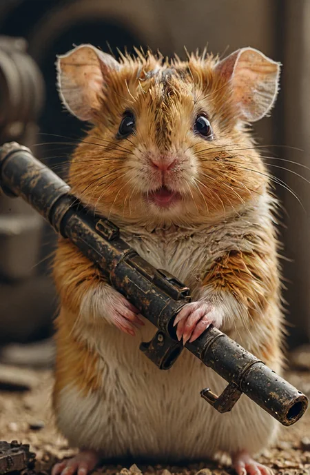 very (disgruntled:1.1) distressed hamster holding a bazooka, it's on, you want war you get it! bewildered, emotional, tense, 8k, film grain, scratches