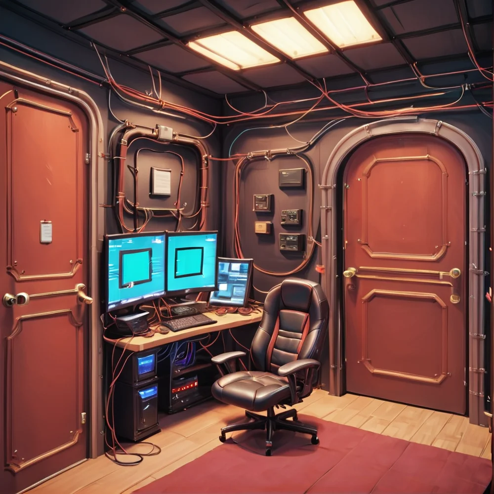 score_9, score_8_up, score_7_up,score_6_up, score_5_up, score_4_up, BREAK <lora:gits95environment:0.8>,
gits95, , no humans, scenery, cable, computer, indoors, chair, monitor, television, door